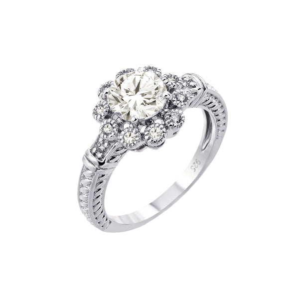 Silver 925 Rhodium Plated Clear CZ Bridal Flower Ring - BGR00782