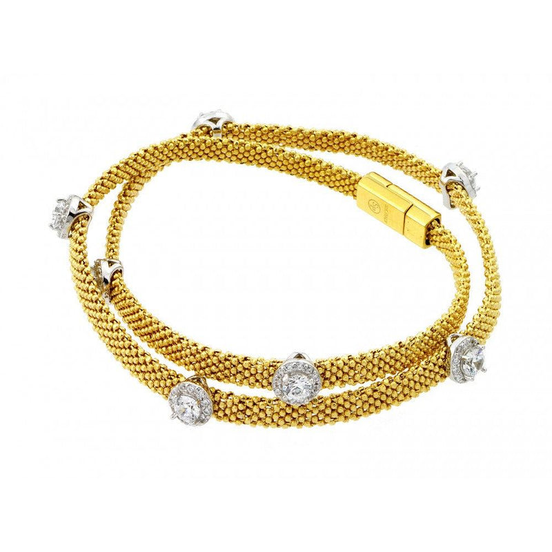 Closeout-Silver 925 Gold Plated Round Clear CZ Double Wrap Beaded Italian Bracelet - PSB000010GP | Silver Palace Inc.