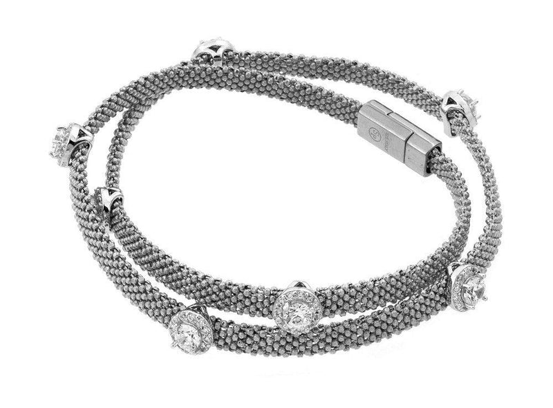 Closeout-Silver 925 Rhodium Plated Round Clear CZ Double Wrap Beaded Italian Bracelet - PSB000010RH | Silver Palace Inc.