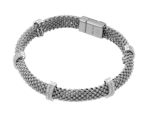 Closeout-Silver 925 Rhodium Plated Micro Pave Clear CZ Beaded Italian Bracelet - PSB000017RH | Silver Palace Inc.
