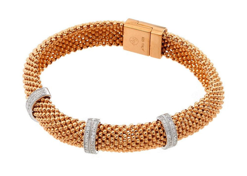Closeout-Silver 925 Rose Gold Plated Micro Pave Clear CZ Beaded Italian Bracelet - PSB00005RGP | Silver Palace Inc.