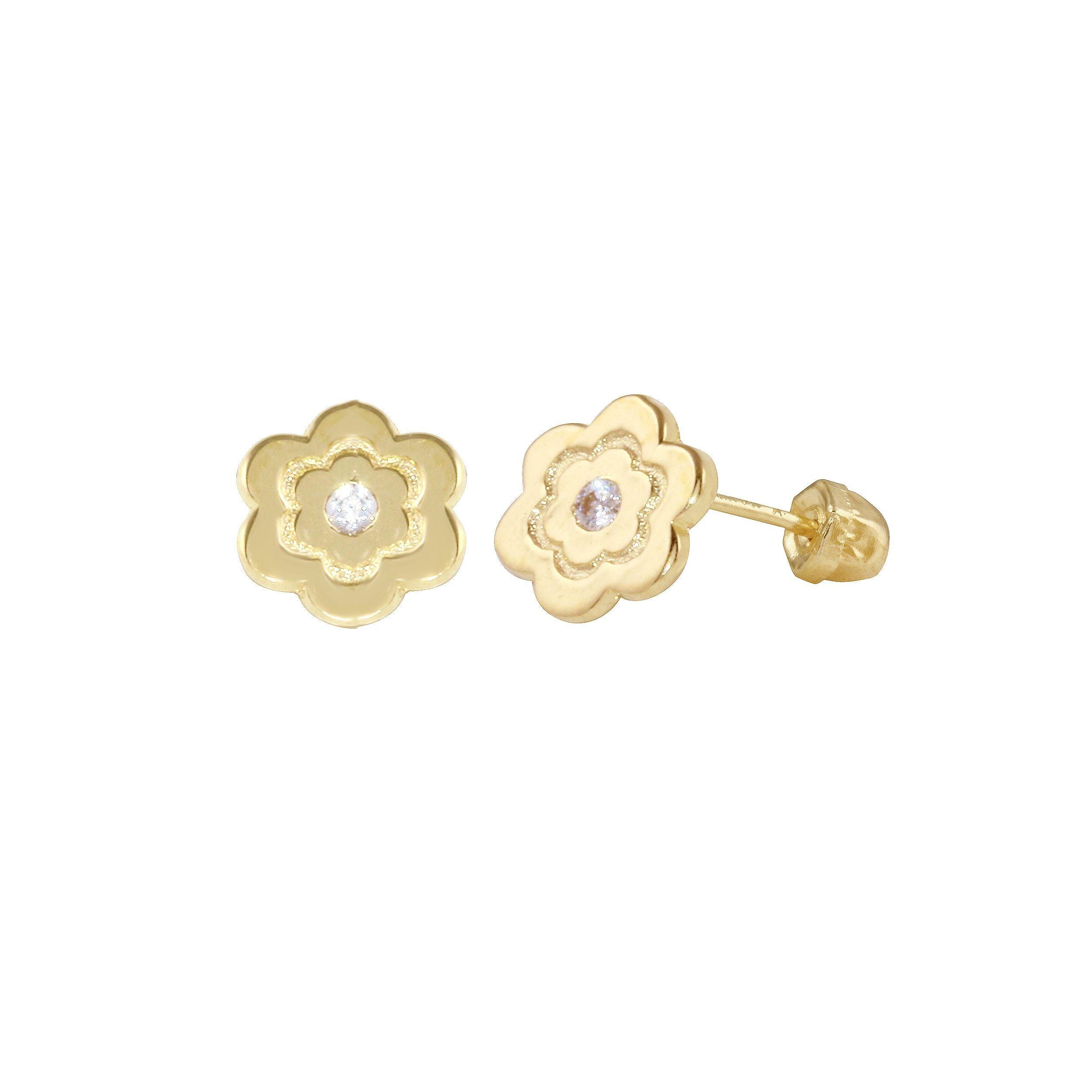 14 Karat Yellow Gold flower CZ Center Screw Back Earrings Silver