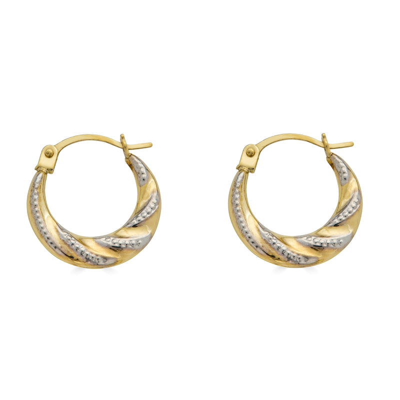 14 Karat Yellow Gold 2T Wave Design Latch Back Hoop Earrings | Silver Palace Inc.
