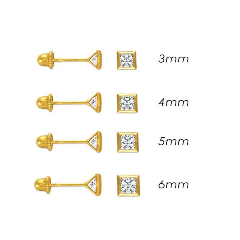 14 Karat Yellow Gold Screw Back Bezel Square CZ Stud Earrings | Silver Palace Inc.