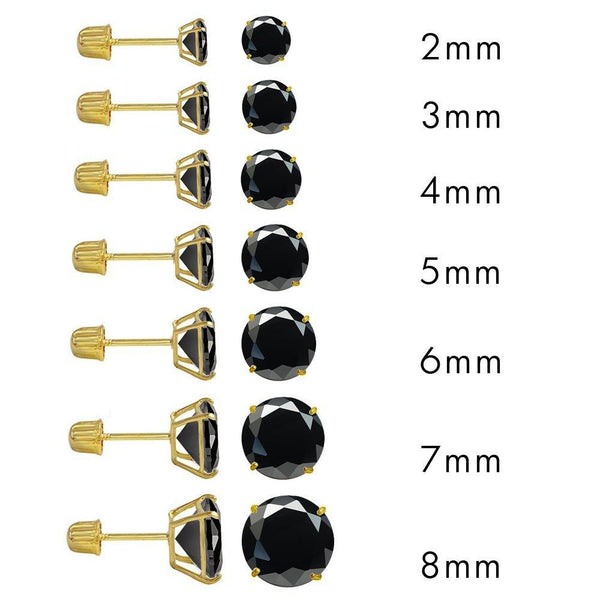 14 Karat Yellow Gold Screw Backing Black CZ Round Stud Earrings | Silver Palace Inc.