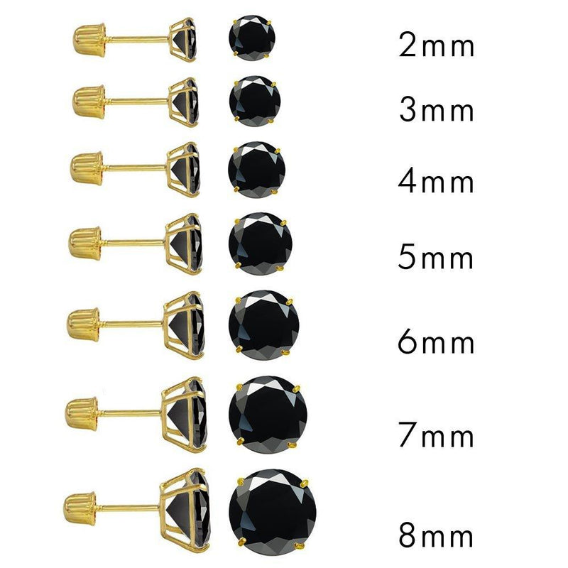 14 Karat Yellow Gold Screw Backing Black CZ Round Stud Earrings | Silver Palace Inc.