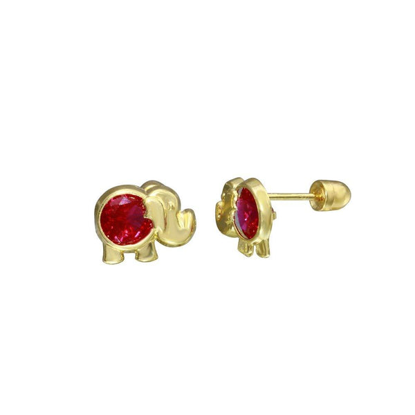 14 Karat Yellow Gold Elephant Red CZ Screw Back Stud Earrings | Silver Palace Inc.