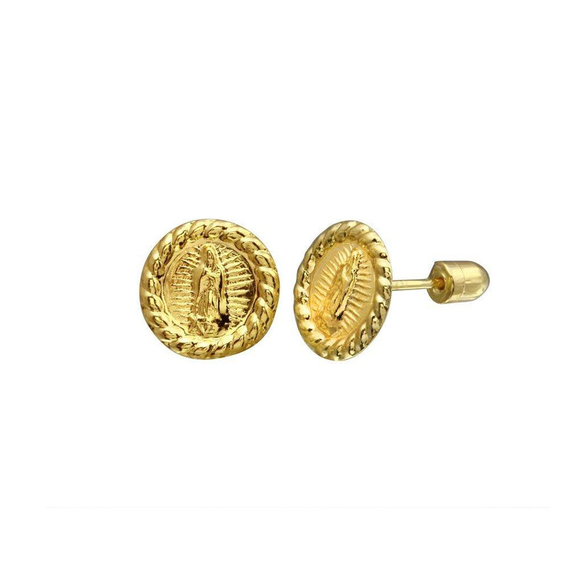 14 Karat Yellow Gold Disc Lady Guadalupe Screw Back Stud Earrings | Silver Palace Inc.