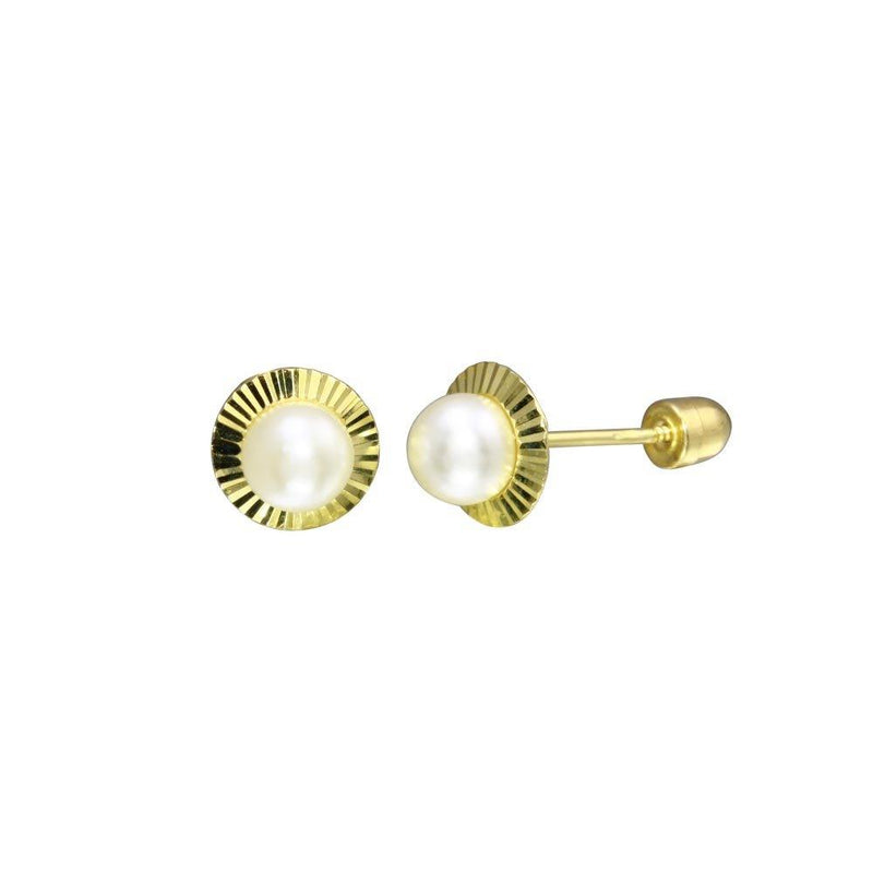 14 Karat Yellow Gold 4mm Pearl Center Diamond Cut Disc Screw Back Stud Earrings | Silver Palace Inc.