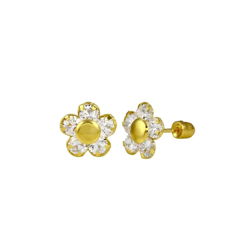 14 Karat Yellow Gold Sunflower Diamond Cut Clear CZ Screw Back Stud Earrings | Silver Palace Inc.
