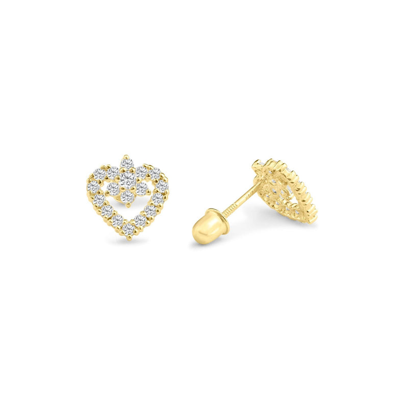 14 Karat Yellow Gold Heart Flower In The Middle CZ Screw Back Stud Earrings | Silver Palace Inc.