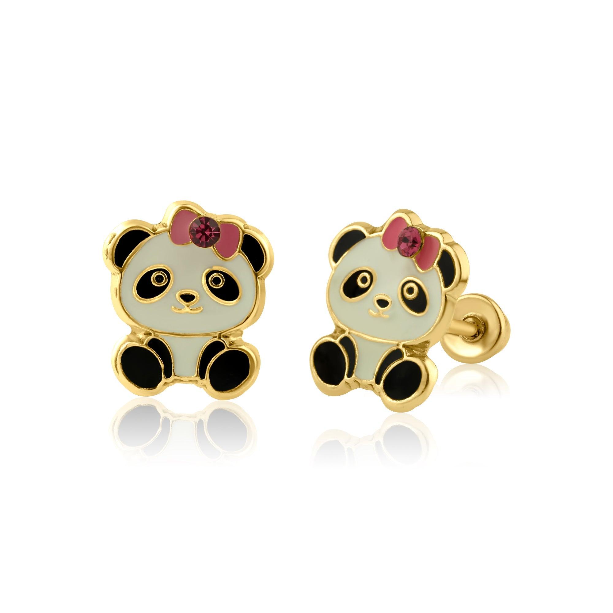 DUOWEI Zinc Alloy Panda Dangle Earrings - Gold Plated Bamboo Bear Charm Earrings For Women (17x19mm)
