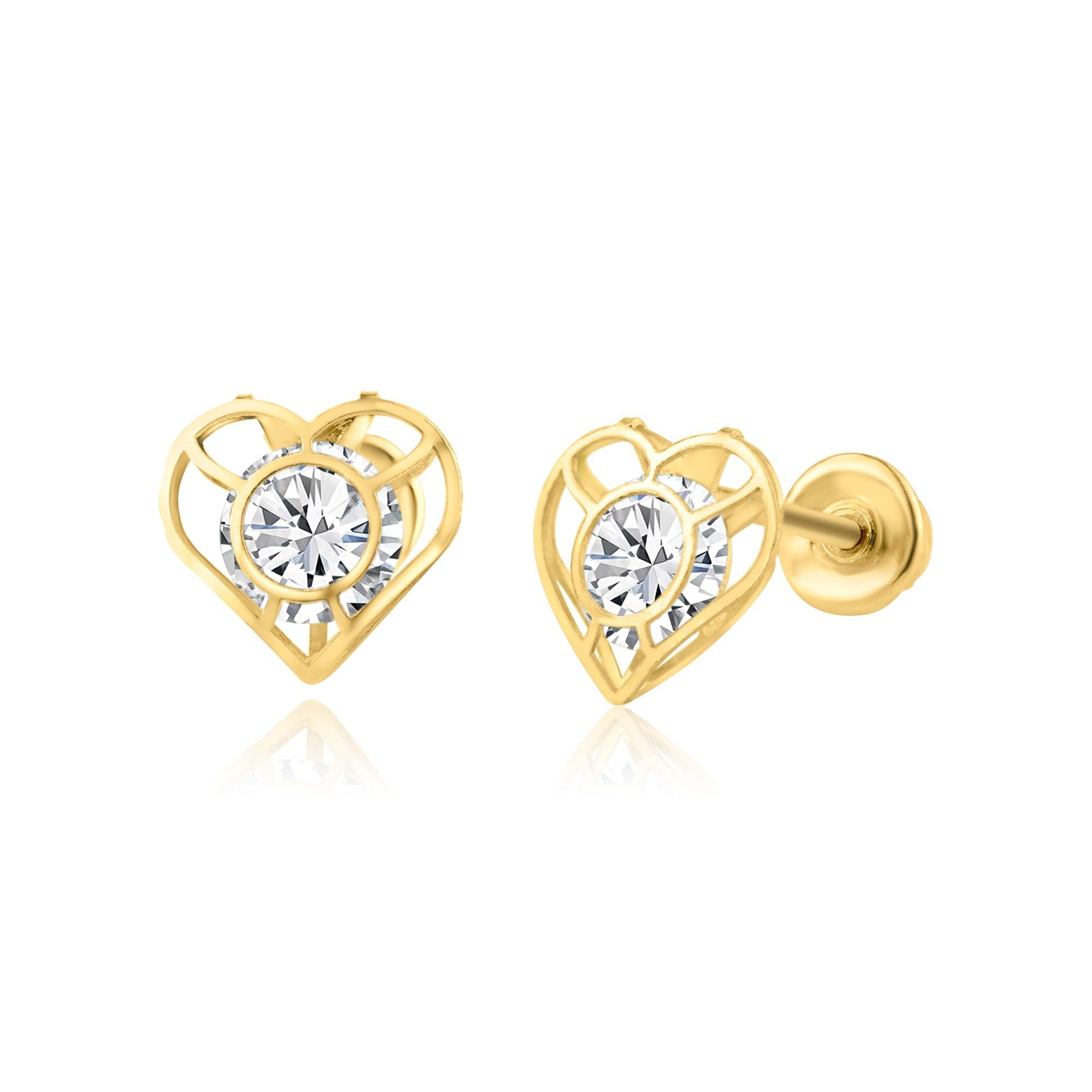 14 Karat Yellow Gold CZ Open Heart Screw Back Earring | Silver Palace Inc.