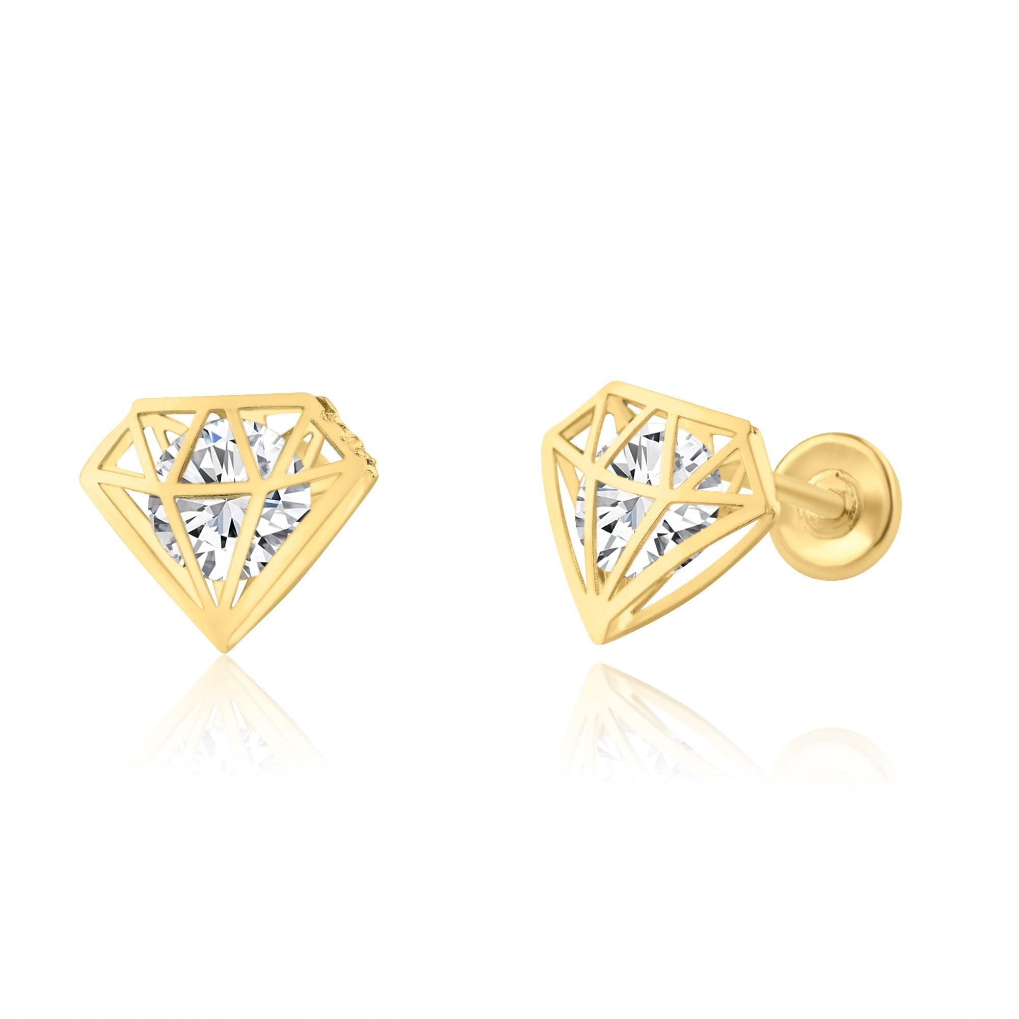 14 Karat Yellow Gold CZ Diamond Design Screw Back Earring | Silver Palace Inc.