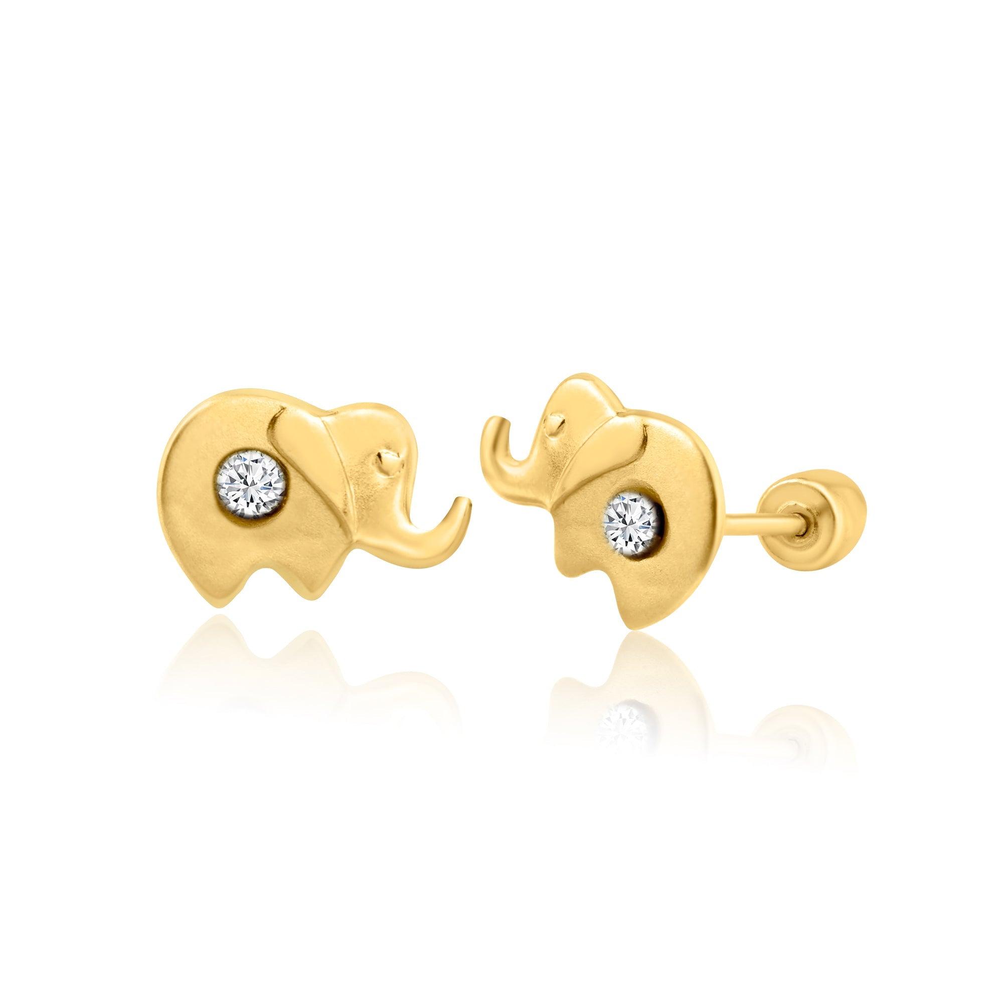 14 Karat Yellow Gold Elephant CZ Screw Back Earring | Silver Palace Inc.