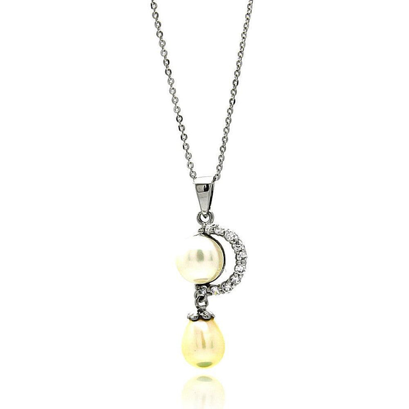 Silver 925 Rhodium Plated Crescent CZ with Fresh Water Pearl Necklace - BGP00602 | Silver Palace Inc.
