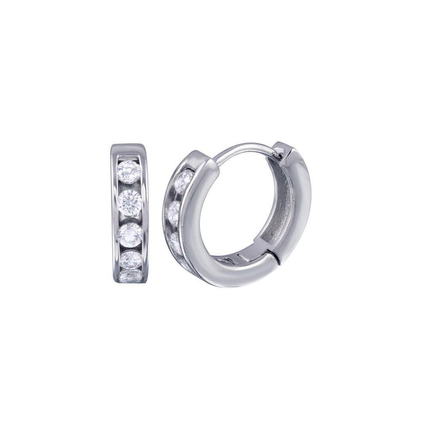 Silver 925 Rhodium Plated Channel Clear CZ huggie hoop Earrings - AAE00008-10MM | Silver Palace Inc.