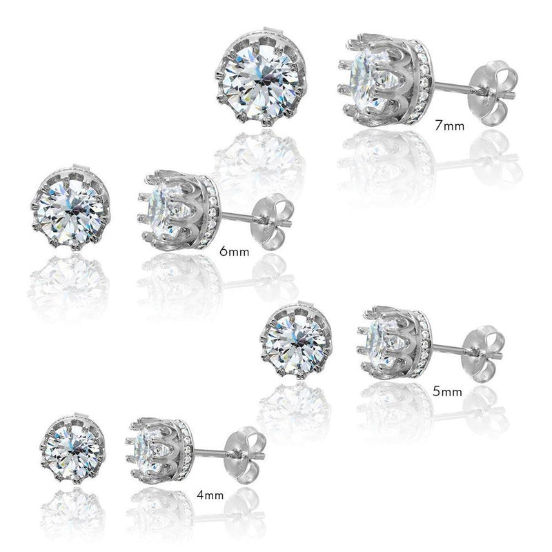 Silver 925 Rhodium Plated Round Crown Basket Clear CZ Stud Earrings - AAE00011 | Silver Palace Inc.