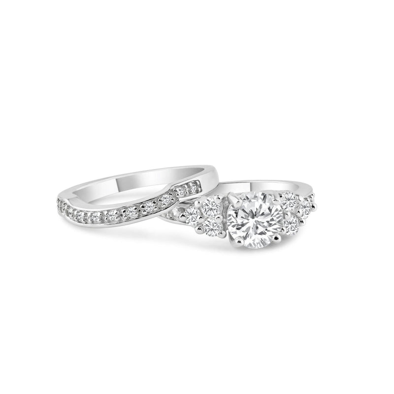 Rhodium Plated 925 Sterling Silver Clear Pave CZ Engagement Ring Set - AAR0069