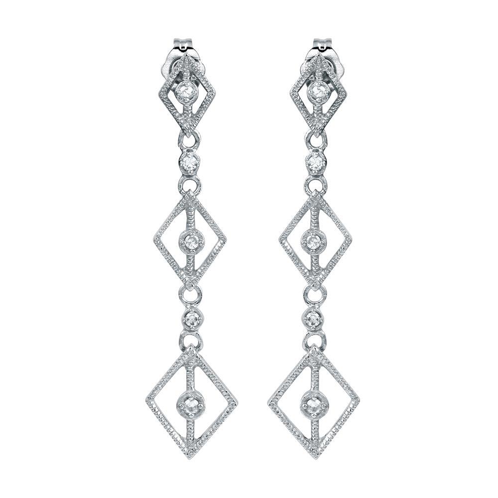 Silver 925 Rhodium Plated Dangling Linked Rhombus Earrings with CZ - ACE00009 | Silver Palace Inc.