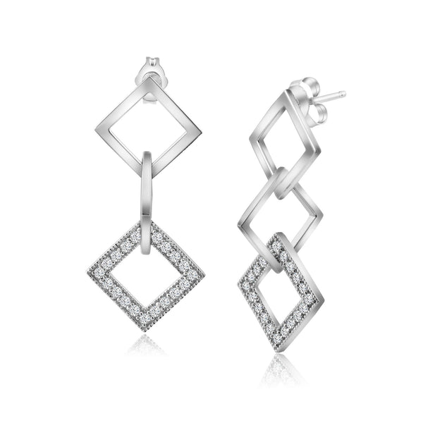 Silver 925 Rhodium Plated Micro Pave Multiple Square Clear CZ Dangling Earrings - ACE00011 | Silver Palace Inc.