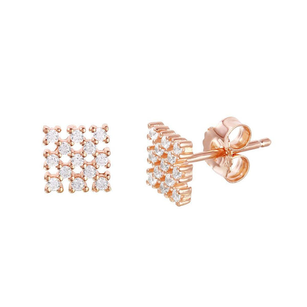 Silver 925 Rose Gold Plated Small Square Checkered CZ Stud Earrings - ACE00078RGP | Silver Palace Inc.