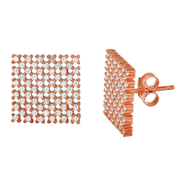 Silver 925 Rose Gold Plated Large Checkered CZ Stud Earrings - ACE00080RGP | Silver Palace Inc.
