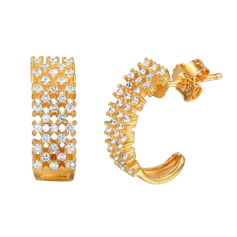 Silver 925 Gold Plated Checkered CZ Semi-huggie hoop Earrings - ACE00082GP | Silver Palace Inc.