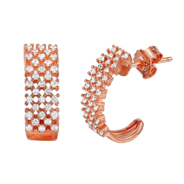 Silver 925 Rose Gold Plated Checkered CZ Semi-huggie hoop Earrings - ACE00082RGP | Silver Palace Inc.