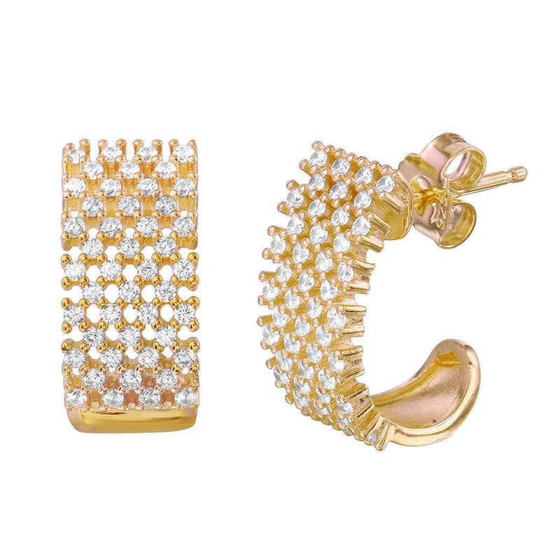 Silver 925 Gold Plated Thick Checkered CZ Semi-huggie hoop Earrings - ACE00083GP | Silver Palace Inc.