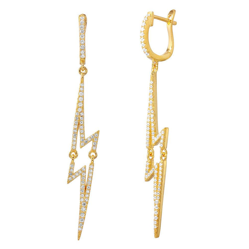 Silver 925 Gold Plated Dangling Lightning CZ huggie hoop Earrings - ACE00102GP | Silver Palace Inc.