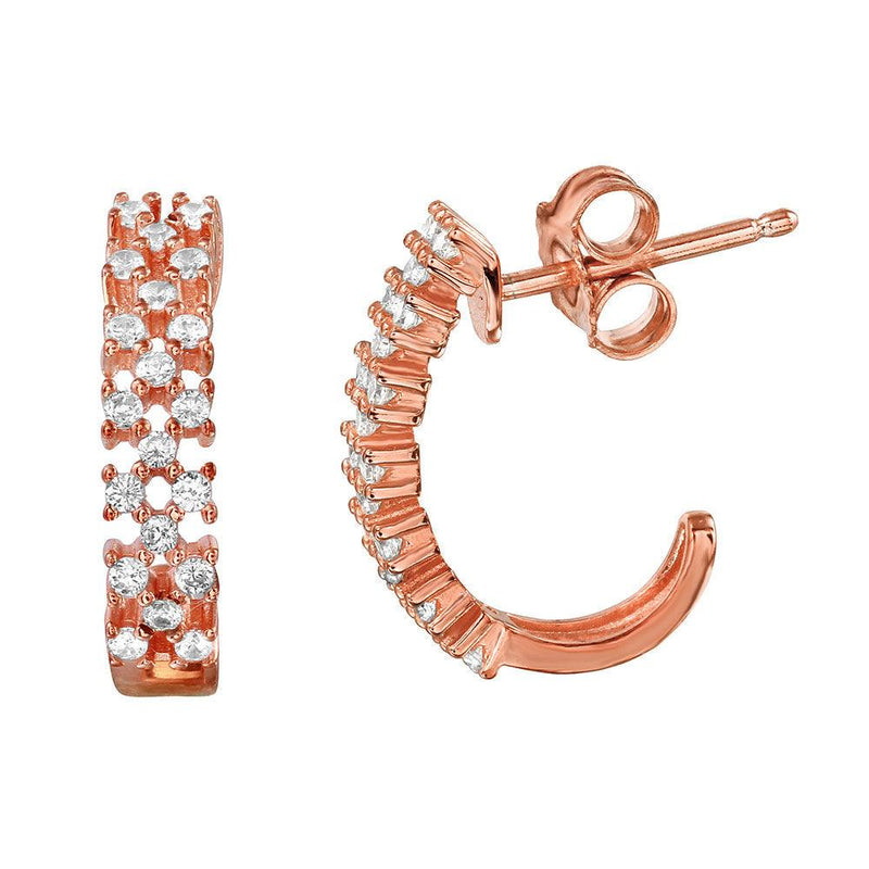 Silver 925 Rose Gold Plated Thin Checkered CZ Semi-huggie hoop Earrings - ACE00081RGP | Silver Palace Inc.