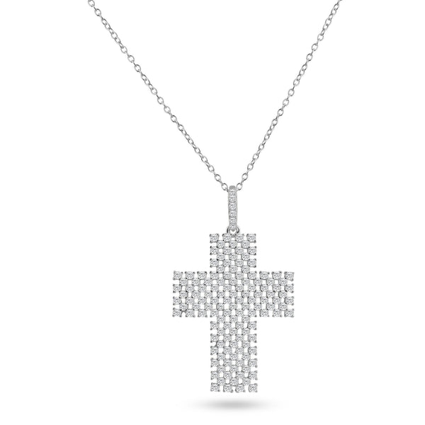 Silver 925 Rhodium Plated Thick Open Checkered Cross CZ Pendant - ACP00095RH | Silver Palace Inc.
