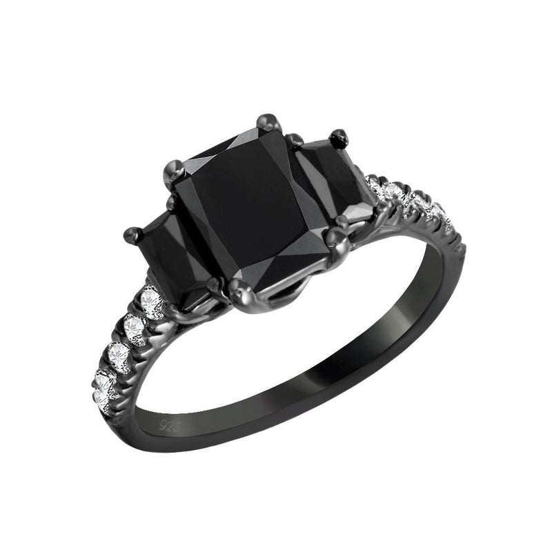Silver 925 Black Rhodium Plated Black and Clear CZ Past Present Future Ring - ACR00003BLK | Silver Palace Inc.