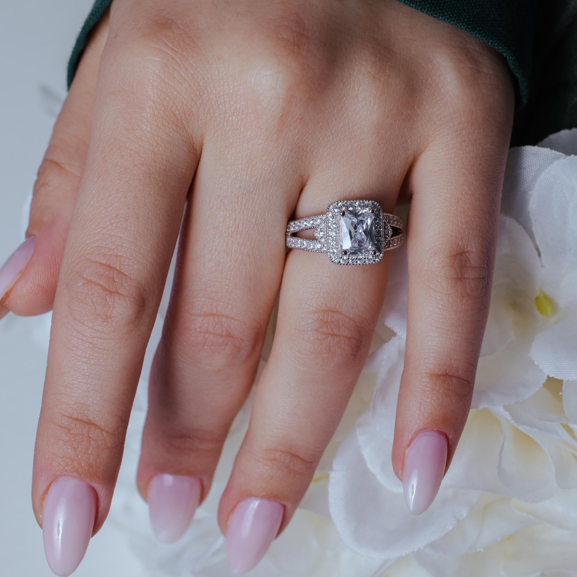 Silver 925 Rhodium Plated Micro Pave Clear Cluster CZ Square Ring - ACR00006