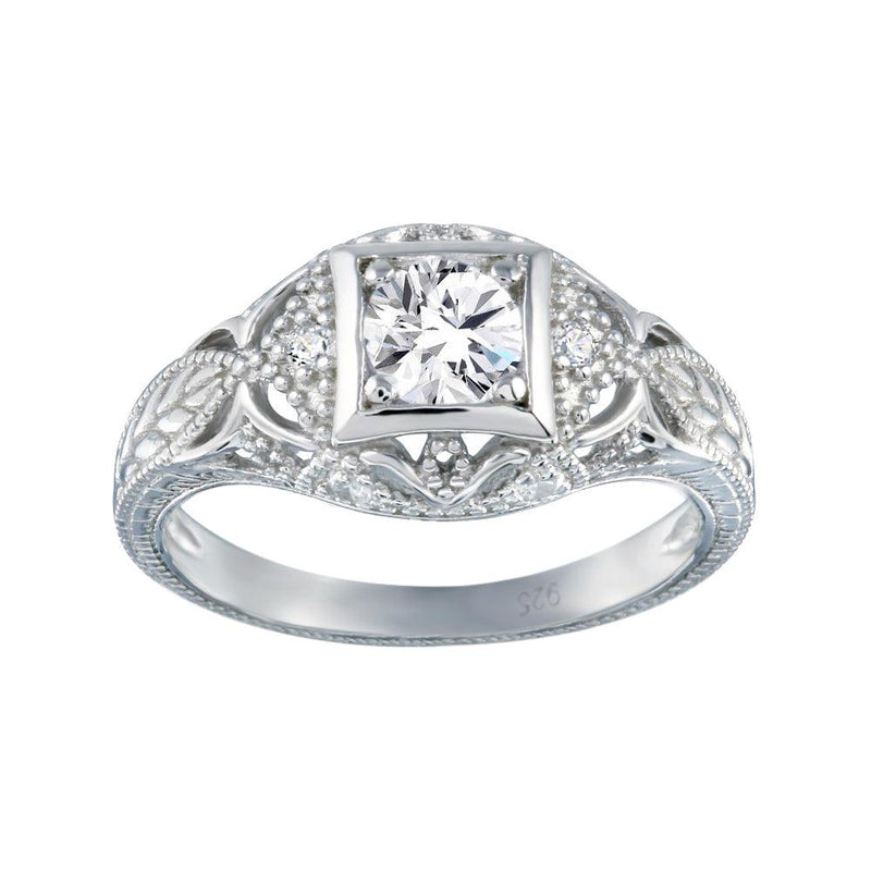 Silver 925 Rhodium Plated Clear CZ Inlay Antique Ring - ACR00014 | Silver Palace Inc.