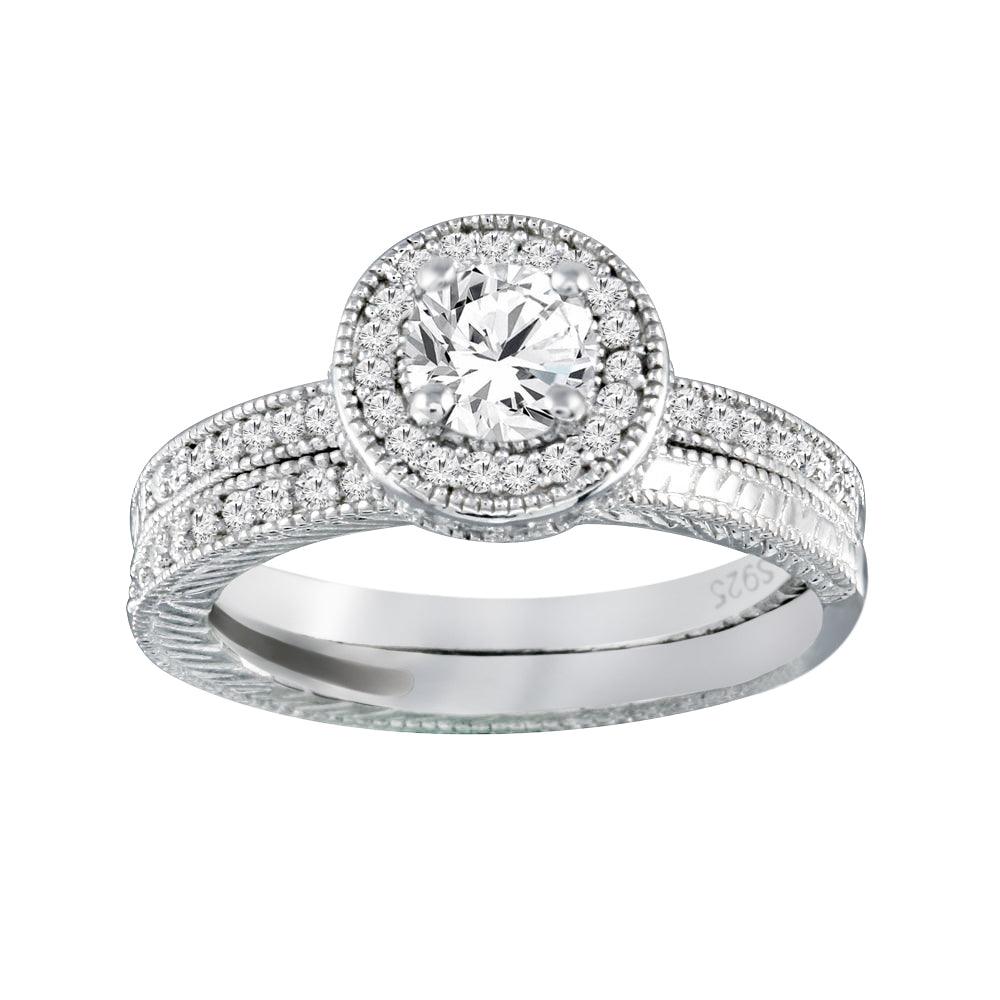 Silver 925 Rhodium Plated Micro Pave CZ Engagement Ring Set - ACR00023 | Silver Palace Inc.