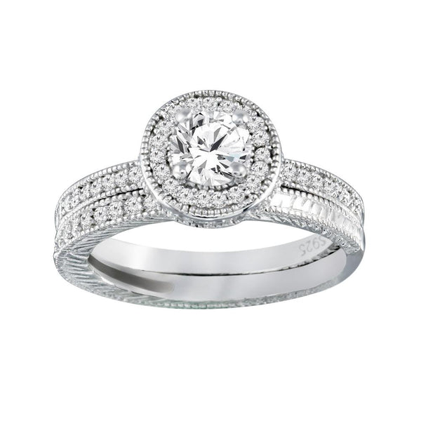 Silver 925  Rhodium Plated Micro Pave CZ Engagement Ring Set - ACR00023 | Silver Palace Inc.