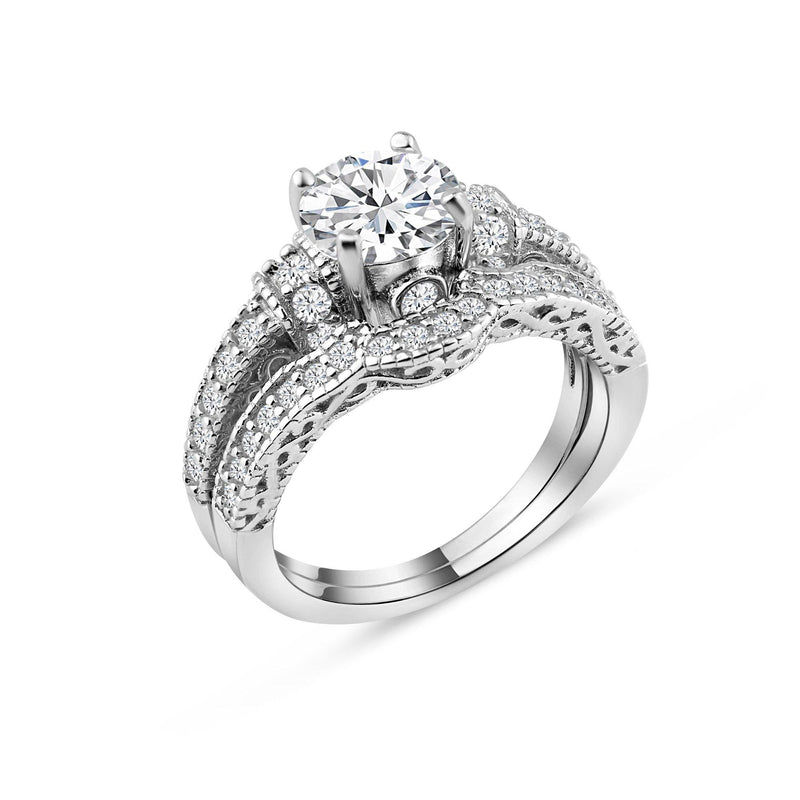 Silver 925 Rhodium Plated Pave Round Center Clear CZ Engagement Ring Set - ACR00024 | Silver Palace Inc.