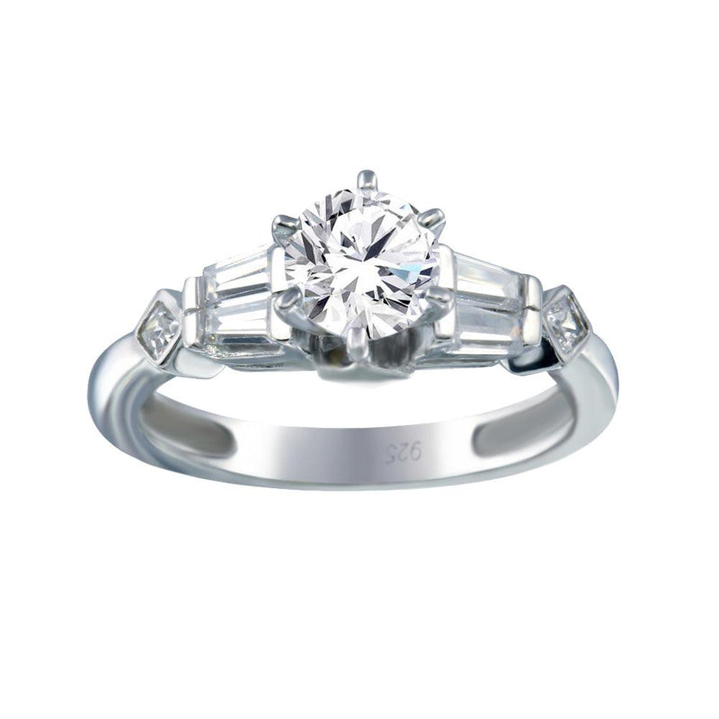 Rhodium Plated 925 Sterling Silver Clear Baguette Round Center CZ Ring - ACR00028 | Silver Palace Inc.
