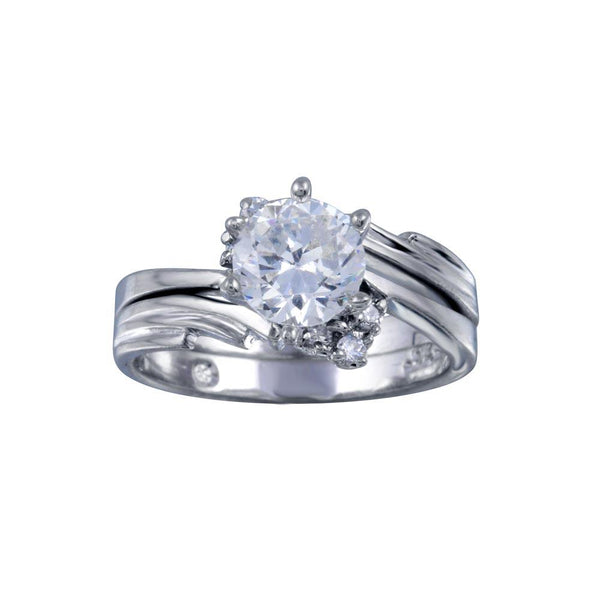 Silver 925 Rhodium Plated Clear Round Sided Solitaire CZ Engagement Ring Set - ANT00014 | Silver Palace Inc.