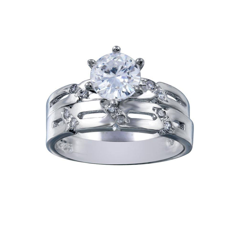 Rhodium Plated 925 Sterling Silver Clear Double Stackable CZ Engagement Ring Set - ANT00017 | Silver Palace Inc.