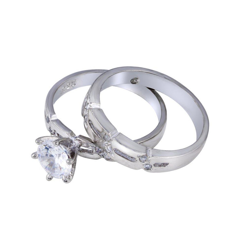 Rhodium Plated 925 Sterling Silver Clear Double Stackable CZ Engagement Ring Set - ANT00017