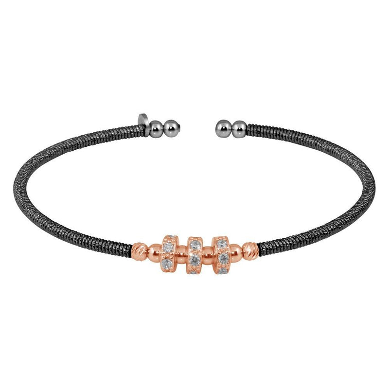 Silver 925 Black Rhodium Plated Cuff with Rose Gold Beads and CZ - ARB00001BLK | Silver Palace Inc.