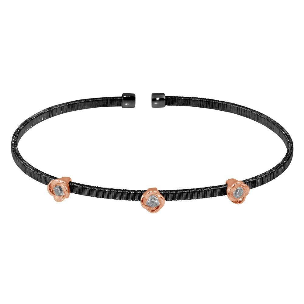 Silver 925 Black Rhodium Plated Three Rose Gold Rose Cuffs with CZ - ARB00008BLK | Silver Palace Inc.