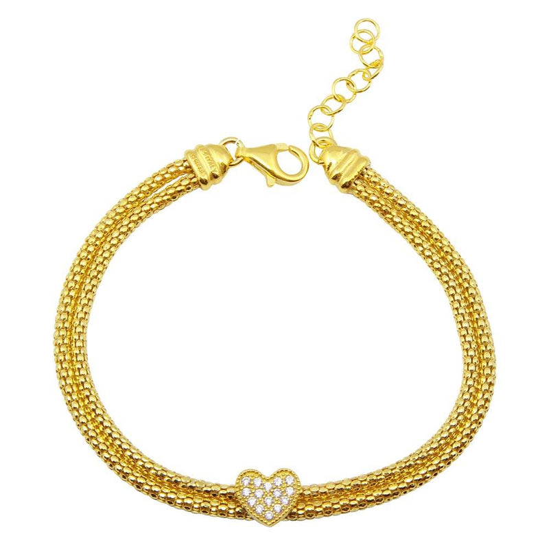Silver 925 Gold Plated Heart and Double Chain Bracelet with CZ - ARB00016GP | Silver Palace Inc.