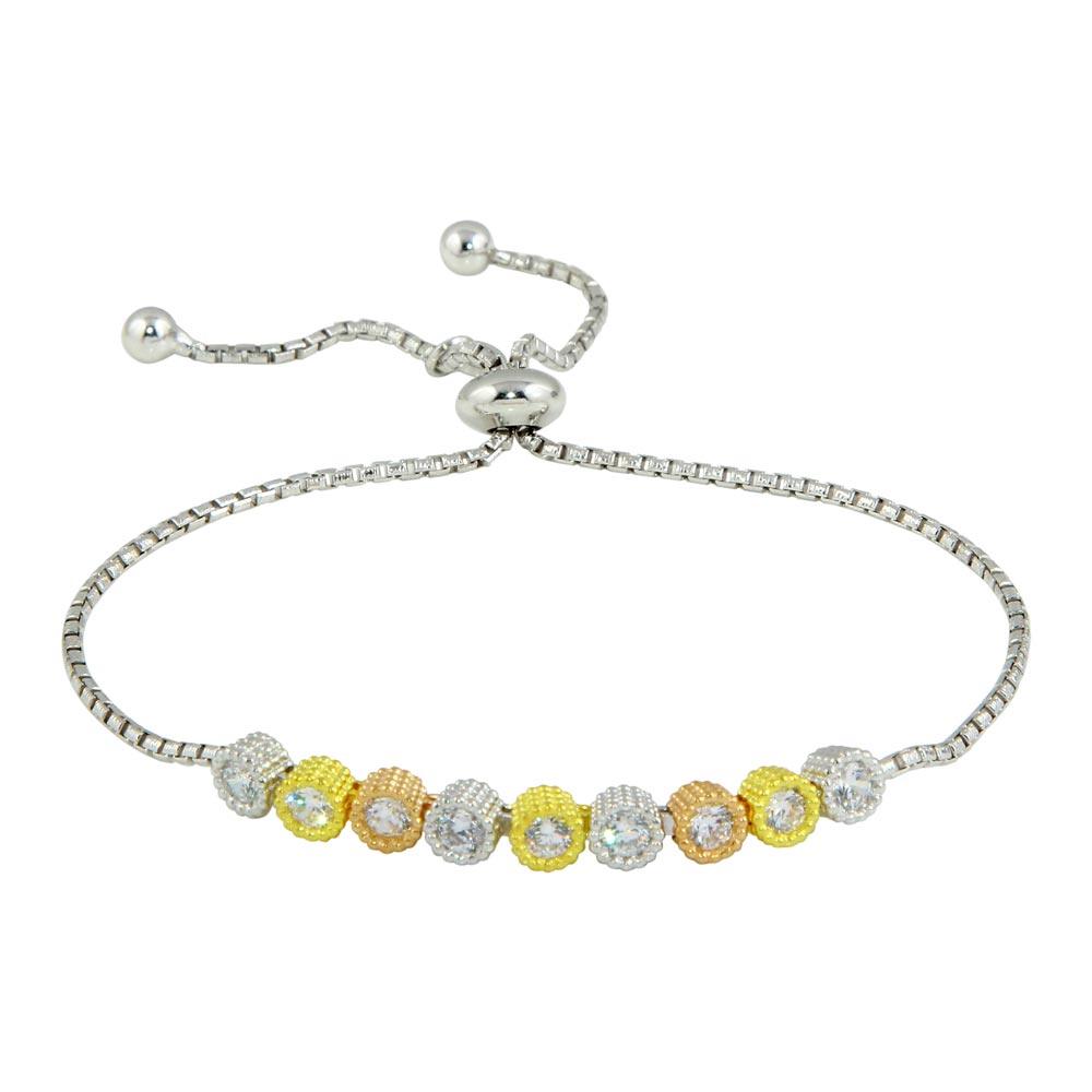 Silver 925 Rhodium Plated Linked Tri Color Circles with CZ - ARB00032TRI | Silver Palace Inc.