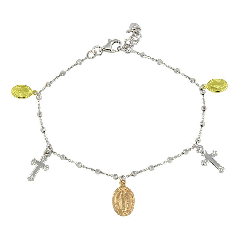Silver 925 Rhodium Lady of Guadalupe Tri Color Charm Bracelets - ARB00035TRI | Silver Palace Inc.