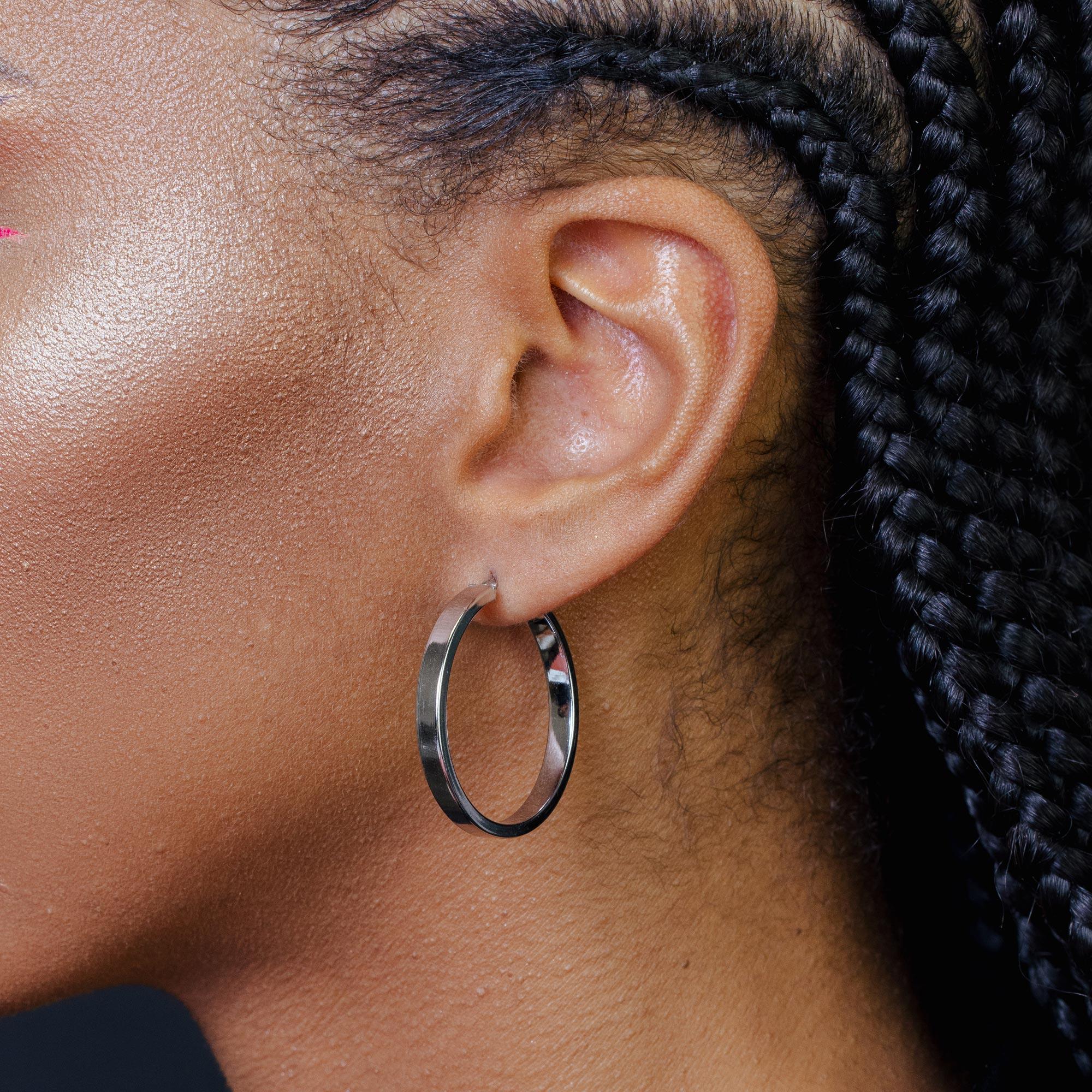 Rhodium Plated 925 Sterling Silver Electroforming Flat 4mm Hoop Earrings - ARE00022RH