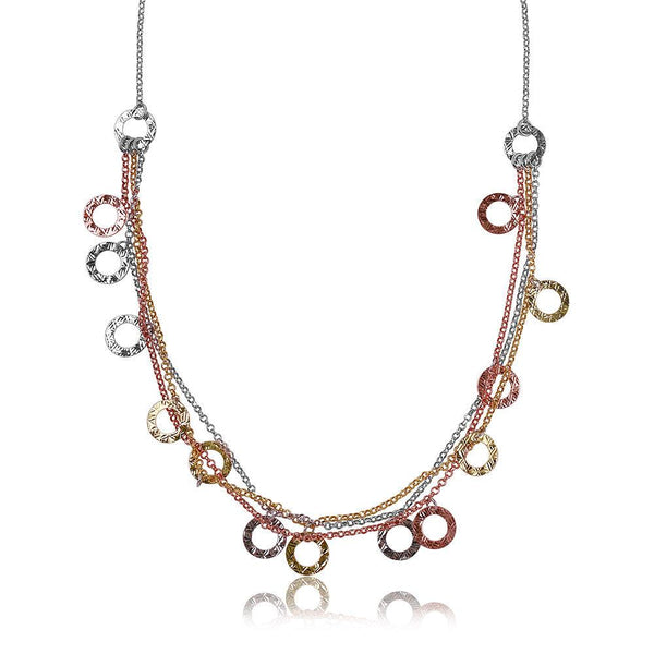 Silver 925 Multi Strands 3 Toned With Open Disc Hanging Design Italian Necklace - ARN00007TRI | Silver Palace Inc.